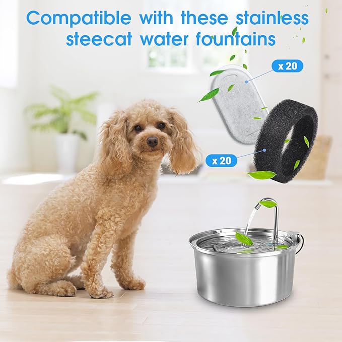 40 Pack Cat Water Fountain Filters-Cat Fountain Replacement Filters for Stainless Steel 108/3.2L& 67oz/2L Adjustable Water Flow Pet Water Fountain(20 Pack Pet Water Filter Refills+20 Pack Sponges)-PawvioPets