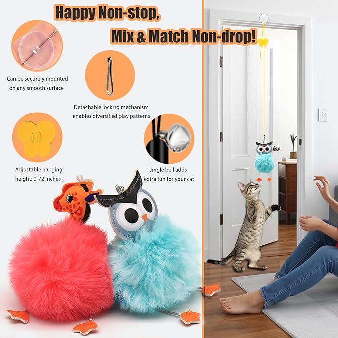 4-in-1 Interactive Cat Toys Set with Suction Cup Wand, Hanging Cat Toys, Fishing Pole Cat Wand & Kitten Balls- Includes Variety Replaceable Worms, Feathers for Indoor Bored Cats for Exercise-PawvioPets