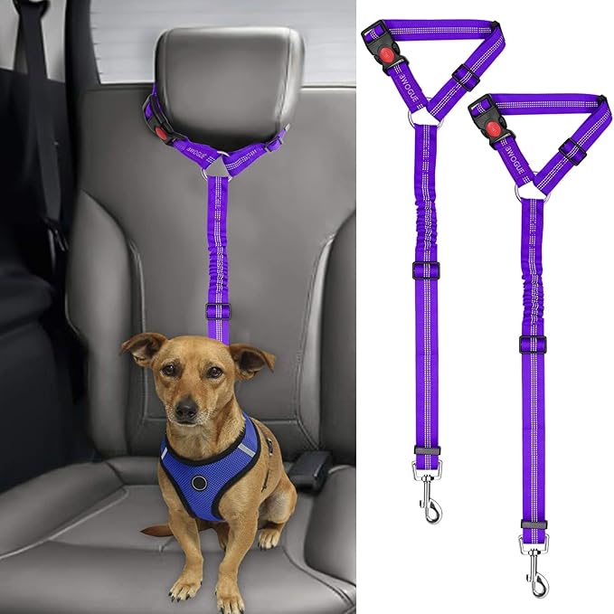 BWOGUE 2 Packs Dog Cat Safety Seat Belt Strap Car Headrest Restraint Adjustable Nylon Fabric Dog Restraints Vehicle Seatbelts Harness-PawvioPets