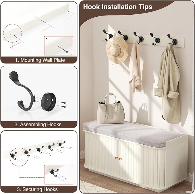 Cream White 39.4" W 2-Tier Shoe Bench with Storage | Entryway Bench with Padded Cushion, Sliding Doors & 5 Hooks-PawvioPets