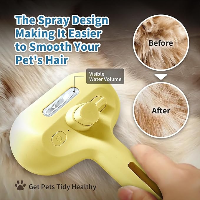 3 In 1 Self-Cleaning Steamy Brush for Pet Grooming - Anti-Static Flying Hair Spray, Removes Loose Hair and Reduces Shedding for Long and Short Fur, Yellow-PawvioPets
