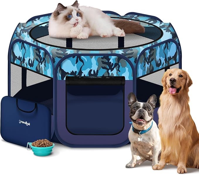 Dog Playpen, Pet Playpen, Portable Cat Playpen, Pop Up Foldable Puppy Playpen Exercise Kennel Tent with Carry Case Collapsible Bowl,Water-Resistant Shade Cover for Outdoor Indoor Travel (Large)-PawvioPets