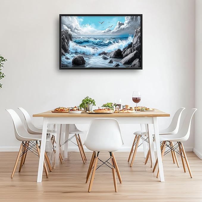 Extra Large Framed Abstract Sea Ocean Wall Art,Black and White Wall Decor, Coastal Seashore Pictures for Living Room,Canvas Print Painting Modern Artwork Bedroom Office Bathroom 36L x 24W-PawvioPets