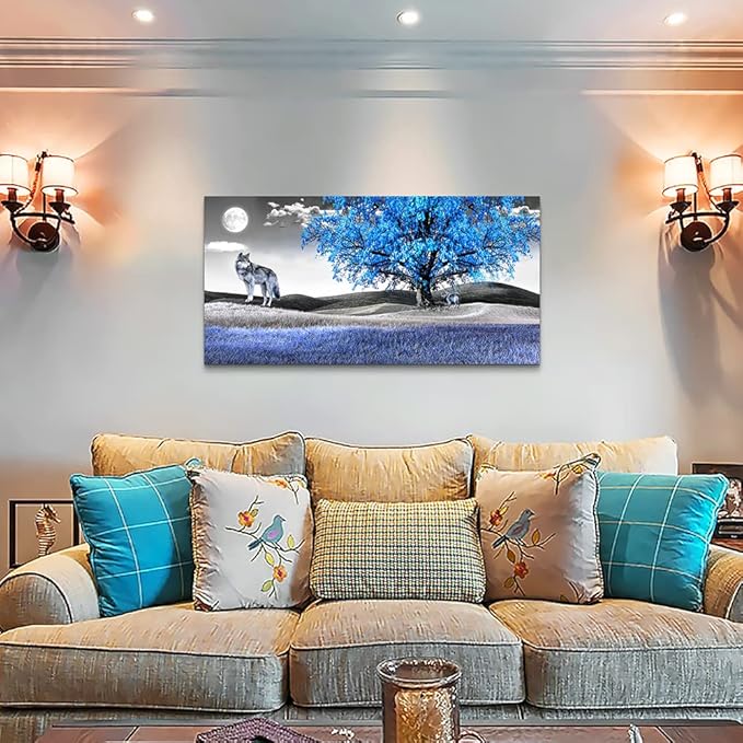 Canvas Wall Art For Living Room Family Wall Decor For Bedroom Modern Office Decorations Blue Tree Wall Pictures Artwork Black And White Scenery Paintings Room Canvas Art Prints Home Decor 20" X 40"-PawvioPets