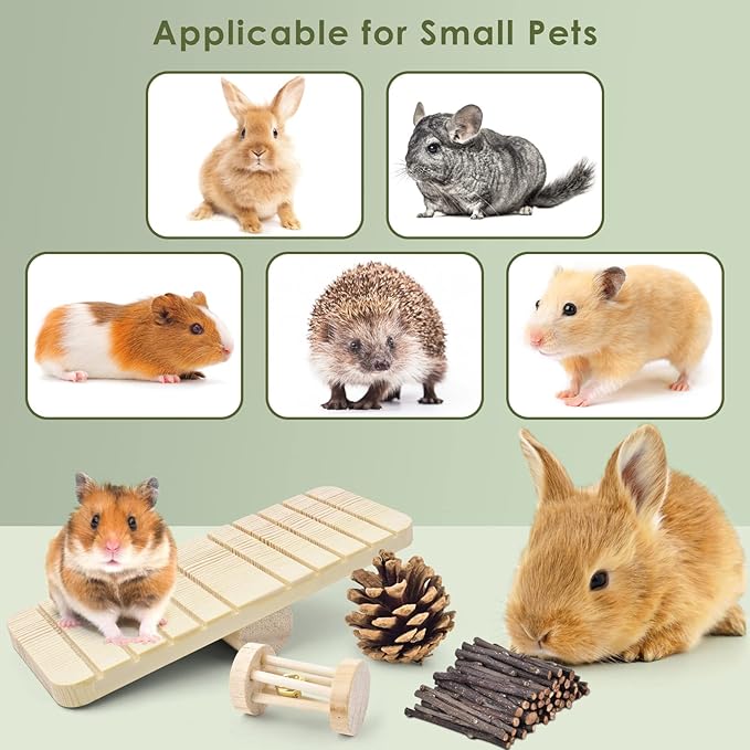 ERKOON New 12 Pack Hamster Chew Toys Gerbil Rat Guinea Pig Chinchilla Chew Toys Accessories, Natural Wooden Dumbbells Exercise Bell Roller Teeth Care Molar Toy for Rabbits Bird Rabbits Hamster Gerbil-PawvioPets