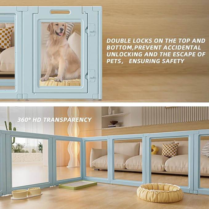 DIY Clear Acrylic Dog Playpen House,Quick Easy Assembly and Disassembly,Strong Floor Suction,Indoor and Outdoor Use,Easy Cleansing Puppy Fence (Sky Blue, 30.3" H, 10PCS)-PawvioPets