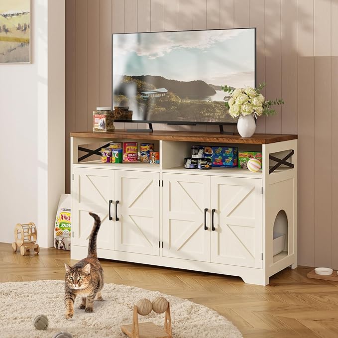 Cat Litter Box Enclosure for 2 Cats, 47" Hidden Litter Box Furniture Cat Washroom with Double Large Room, Farmhouse Indoor Litter Box Cabinet TV Stand, White-PawvioPets