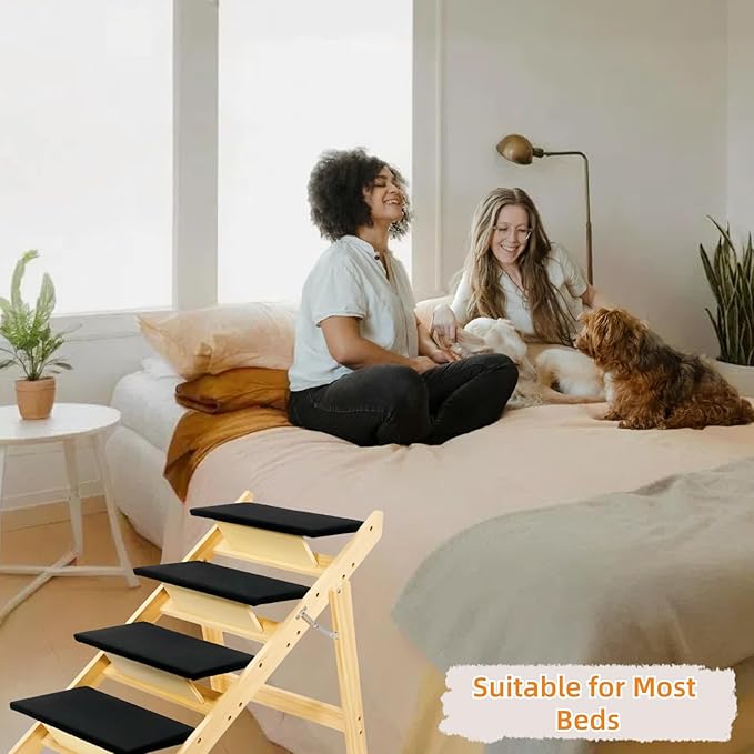 Foldable Dog Stairs/Ramp with 4 Steps - Durable Wooden Pet Stairs for Small, Medium, Large Dogs - Black (5098)-PawvioPets