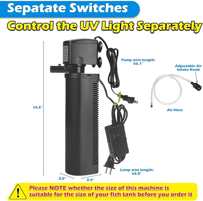 Aquarium U-V Filter 300GPH for Large 80-200 Gal Fish Tank Pond, Powerful Internal Submersible Pump Green Water Clean Killing Machine Air Supply Deodorization Keep Saltwater Freshwater Crystal Clear-PawvioPets