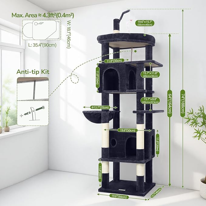 Globlazer Large Cat Tree Tower, Tall Cat Tree Condos for Indoor Cats Large Adult Cat Climbing Tower with 2 Spacious Caves, Oversized Top Perch, Big Hanging Basket, Cat Teaser Wand, F74B, Dark Grey-PawvioPets
