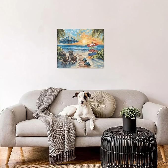 Beach Ocean Bathroom Pictures Wall Art, Seaside Coastal Bathroom Wall Decor, Sunrise Framed Painting Canvas Artwork for Bedroom Living Room Decorations 24"L x 20"W-PawvioPets