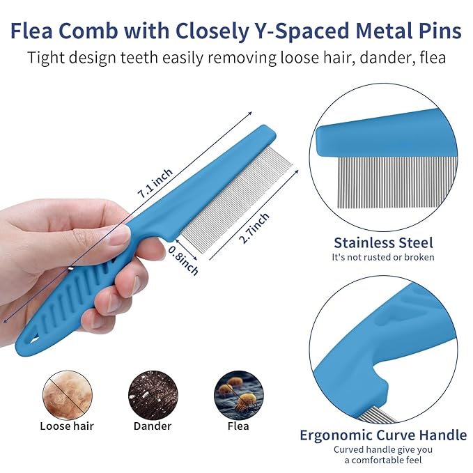 5 in 1 Dog Grooming Kit - Self-Cleaning Slicker Brush for Shedding Short Long Haired Dogs & Cats, Includes Pet Comb, Flea Comb, Bath Brush, Undercoat Rake - Complete Fur Care Set - Blue-PawvioPets