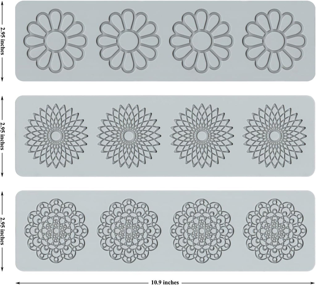 Embossing Lace Fondant Molds, Multi Circle Flowers Lace Mat Wedding Cake Decoration Tool, Rattan Shaped Cupcake Mat Silicone Molds Set of 3