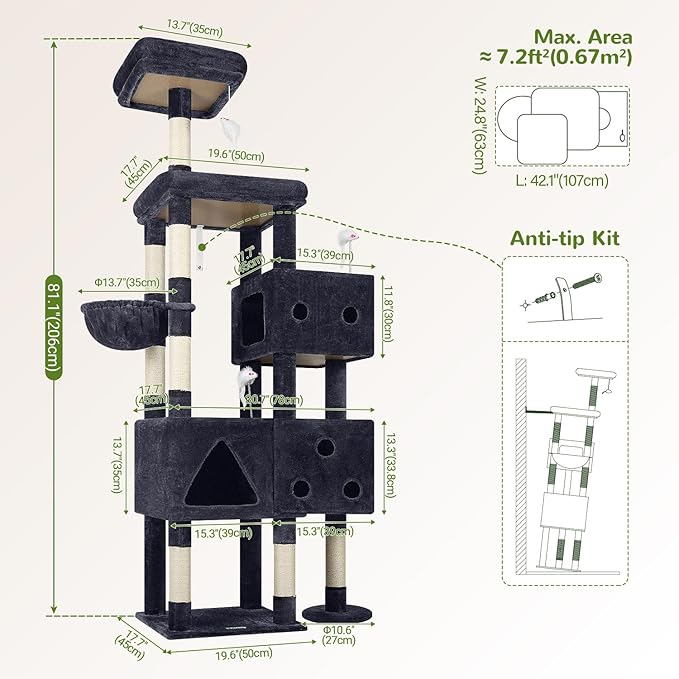 Globlazer Extra Large Cat Tower, 81-inch Tall Cat Tree for Big Cats 20 lbs, XXL Heavy Duty Cat Scratching Tower for Indoor Adult Cats with 3 Cat Condos, 8 Scratching Posts, F81, Dark Grey-PawvioPets