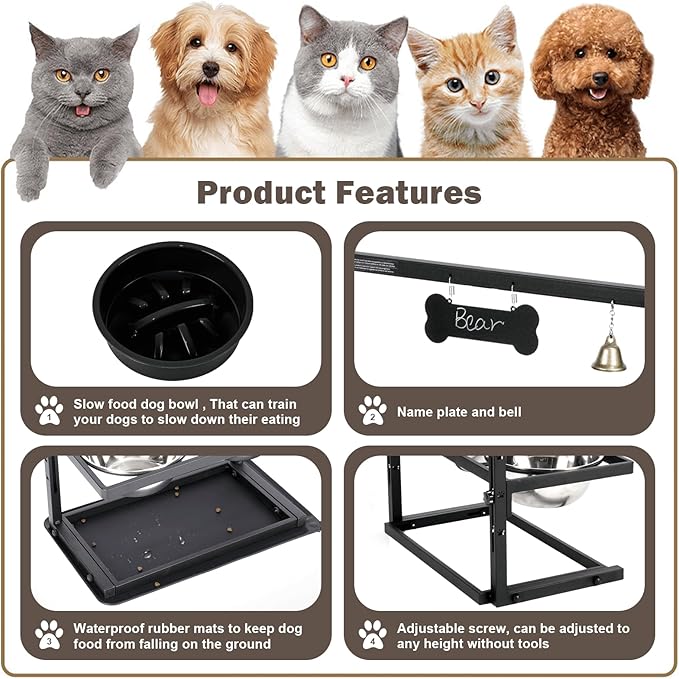 Elevated Dog Bowls with Slow Feeder for Large Dogs – Adjustable Raised Stand with 2 Stainless Steel Bowls & Spill-Proof Mat, Non-Slip Dog Feeder for Large & Medium Dogs (Black)-PawvioPets