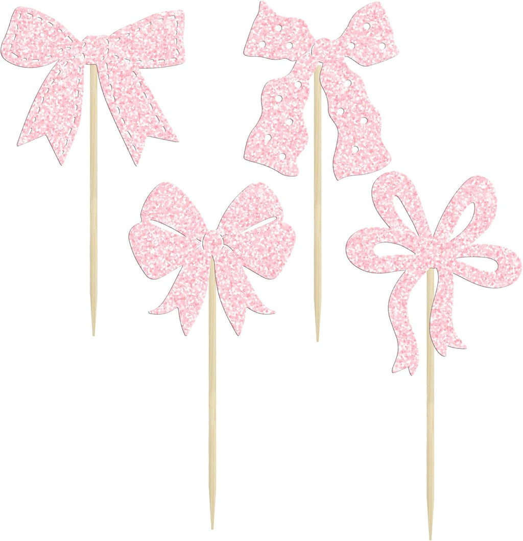 Ephlyn 24Pcs Light Pink Bow Cupcake Toppers - Bowknot Cupcake Decorations for Bridal, Baby Shower, Wedding Themed Party