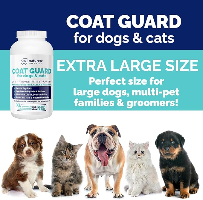 Coat Guard Dry Shampoo for Dogs and Cats - Extra Large 2 lbs Jar, Dog Dry Shampoo Powder, Waterless Dog Shampoo, Anti Itch Relief, Cedar Scented, Anti Dandruff, Hot Spots, Nature's Pure Edge-PawvioPets