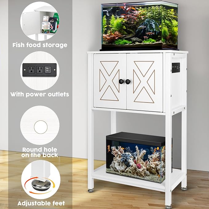 5-10 Gallon Fish Tank Stand, Heavy Duty Aquarium Stand with Cabinet & Power Outlets for Fish Tank Accessories Storage, Double Reptile Terrarium Stand 20.5" L* 11" W Tabletop, White-PawvioPets