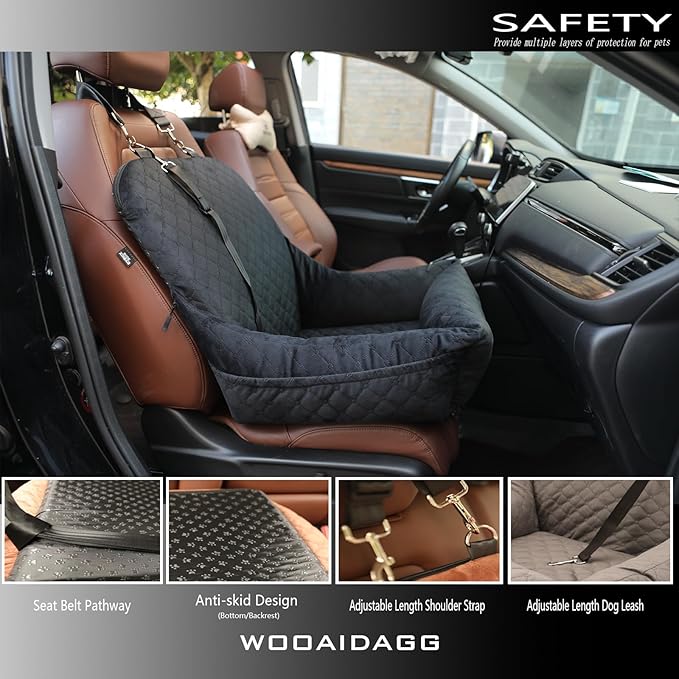 Dog Car Seat for Small Dogs Up to 25 lbs,Covered Ultra-Soft Fabric and Fill in Memory Foam,Fully Detachable and Washable,2 Clip-On Safety Leashes and Storage Pockets(Black)-PawvioPets