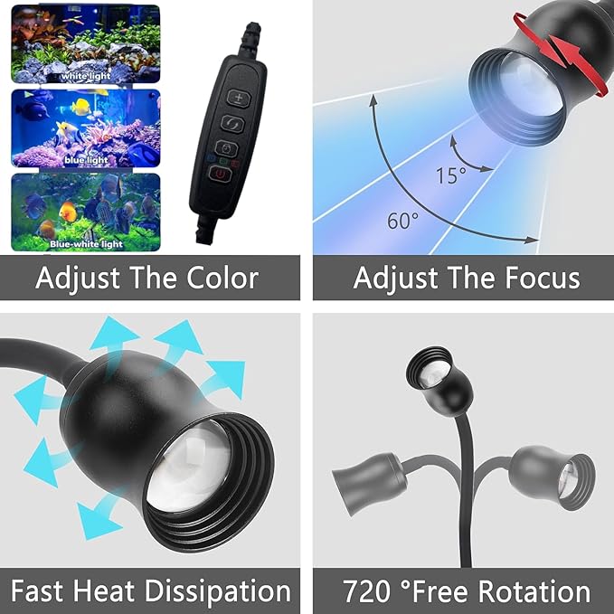 Aquarium Focus Light for Open Fish Tank Indoor LED Light Big Clip Lamp Adjustable Focus (White-Blue with Timer)-PawvioPets