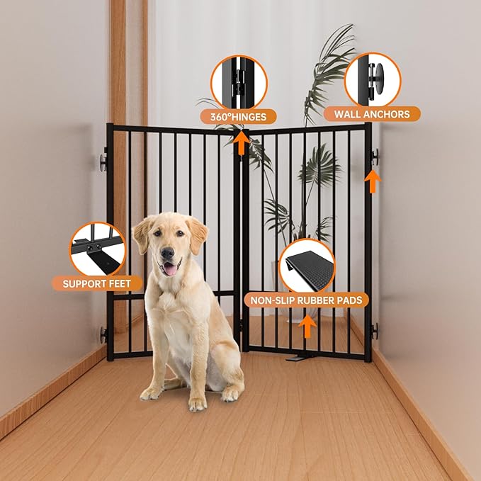 Full Metal Freestanding Dog Gate with Door, 32''Height Foldable Pet Dog Fence for Indoor & Outdoor, 2 Panels Extra Wide Free Standing TallDog Gates for Doorways,House,Stairs,Porch,Deck,Yard-PawvioPets
