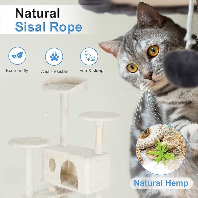 FDW Cat Tree Tower 81in Multi-Level Durable Cat Scratching Post & Cozy Fun Jumping Platform Space Saving Condo Pet Play House for Indoor Cats,Beige-PawvioPets