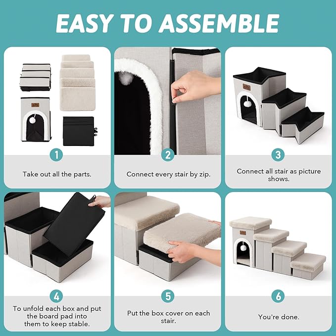 Dog Stairs for Small Dogs with Storage and Condo, 17.5" H Foldable Pet Stairs for Small Medium or Puppy Dogs and Older Cats, Dog Steps for Bed or Couch, 13x35x17.5 inch, 4 Tiers, Beige-PawvioPets