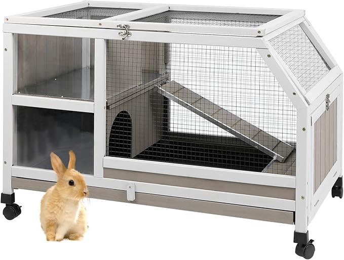 36''L Rabbit Hutch Outdoor with Casters and Run, Wooden Indoor 2 Story Guinea Pig Cage with Divider Panel, Pull Out Tray, Rabbit Duck Bunny House for Small to Medium Animals and Pet Lover, Gray-PawvioPets