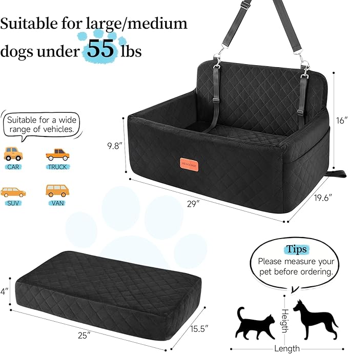 Dog Car Seat for Medium/Large Dogs, Pet Booster Seat for Under 55 lbs or 2 Small Dogs, Detachable & Washable Dog Car Bed for Backseat with 2 Safety Leashes(Black)-PawvioPets