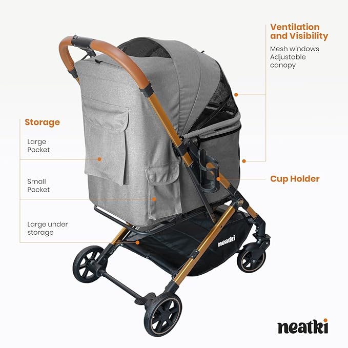 Foldable Pet Stroller for Dogs and Cats, 33 lbs Capacity, 360° Swivel Front Wheels, One-Click Fold, Brake System, Leash & Lock Clips, Removable Washable Padding, and Cup Holder (Gray, 33 lbs)-PawvioPets