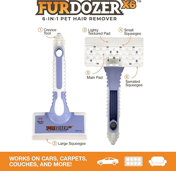FurDozer X6 Pet Hair Remover & Auto Detailing Tool - Cat & Dog Hair Remover for Carpets, Car Interiors, Couches, Bedding, & Furniture - Reusable Pet Hair Removal Tool for Cat & Dog Fur & Lint, Purple-PawvioPets