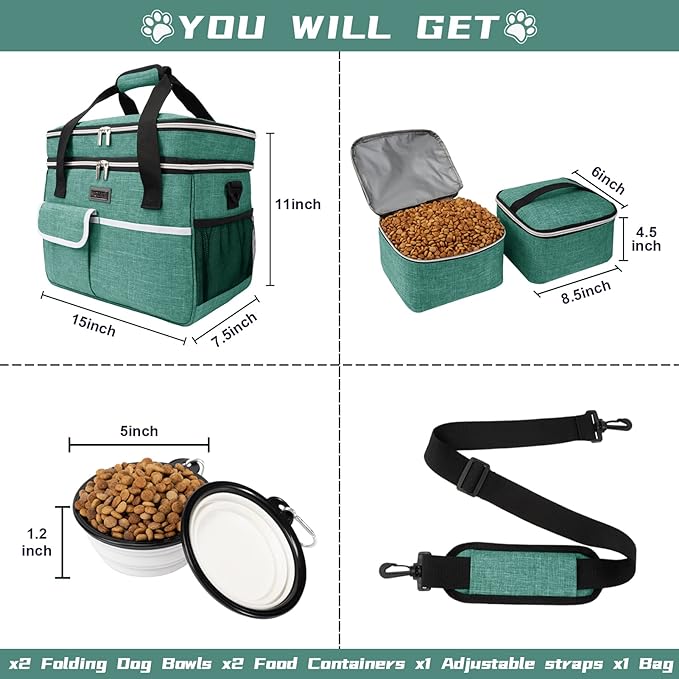 BAGLHER Dog Travel Bag for Supplies - Double-Layer Airline Approved Weekend Pet Travel Organizer Set for Dog and Cat Tote with 2 Pet Food Containers and 2 Collapsible Silicone Bowls Green-PawvioPets