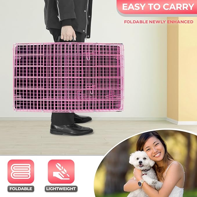 FDW Dog Crate for Small Dogs 24 Inch Folding Metal WirePet Cage Double Door W/Divider Panel Indoor Outdoor Kennel Leak-Proof Plastic Tray,Pink-PawvioPets