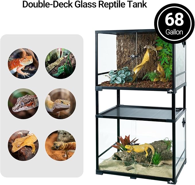 Double Stacked Reptile Tank, 24" x 18" x 44" Tall Reptiles Terrarium, Front Opening, Full Vision, Knock Down, 2 Pack 34 Gallon Glass Cage for Reptile, Bearded Dragon, Lizard, Snake, Gecko-PawvioPets