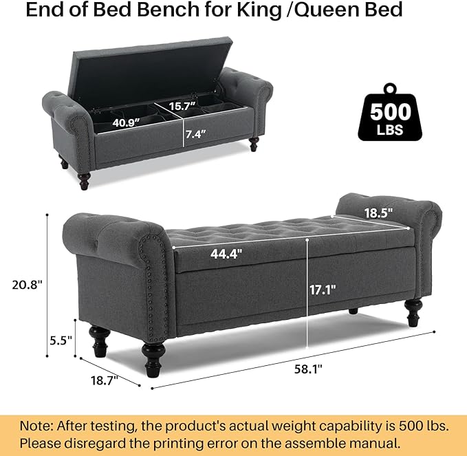 58.1'' Storage Bench Upholstered Linen End of Bedroom Bed Bench Ottoman with Tufted Cushioned Rolled Arm Large Storage Space for Reading Living Room Entryway, Grey-PawvioPets