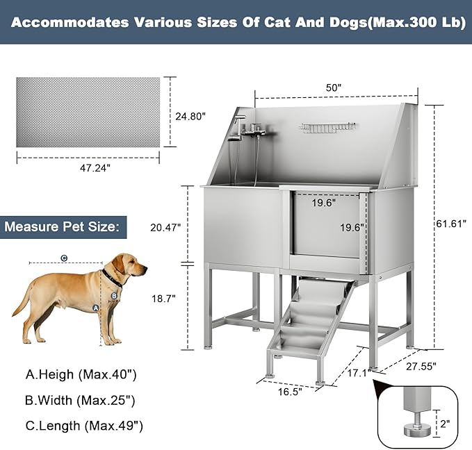 CuisinSmart 50" Dog Bathtub for Large Dogs, Professional Dog Washing Station with Dog Wash Attachment, Bath Pool for Outdoor, Indoor Shower and Grooming (50" Right Door)-PawvioPets