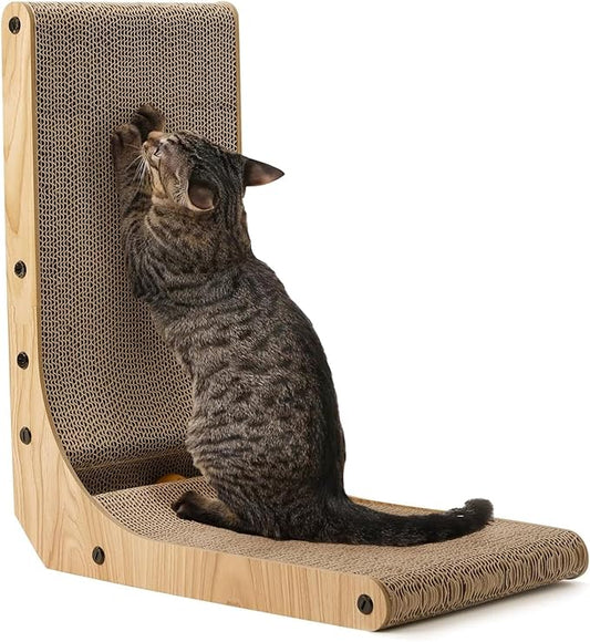 FUKUMARU Cat Scratcher, 18.7 Inch L Shape Cat Scratch Pad Wall Mounted, Cat Scratching Cardboard with Ball Toy for Indoor Cats-PawvioPets