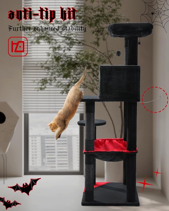 Gothic Cat Tree with Super Large Hammock, 56.3" Black Cat Tower with Coffin Bed, Cat Condo, Sisal Scratching Posts & Top Perch, Multi-Level Goth Cat Tree, Halloween, Black-PawvioPets
