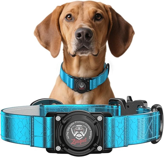 AirTag Dog Collar - Leather Dog Collar with Airtag Holder | IP68 Waterproof AirTag Holder with Metal Buckle, Comfortable GPS Dog Collars Tracker for Medium Large Dogs (Blue, M)-PawvioPets