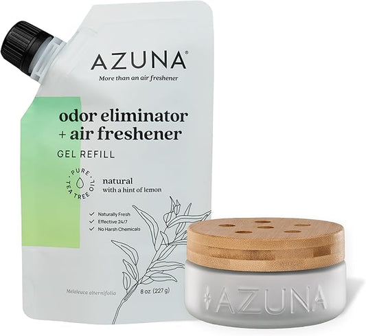Azuna Air Freshener & Odor Eliminator for Strong Odor | 1 Room Kit Includes (1) Empty Luxe Glass Jar & 8oz Refill with Tea Tree Essential Oil Gel | Natural Scent | Last 60-90 Days-PawvioPets
