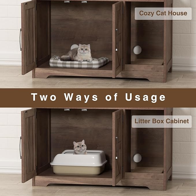 Cat Litter Box Enclosure, Hidden Litter Box Furniture with Scratch Pad, Farmhouse Indoor Cat House Washroom End Table, Retro Brown-PawvioPets