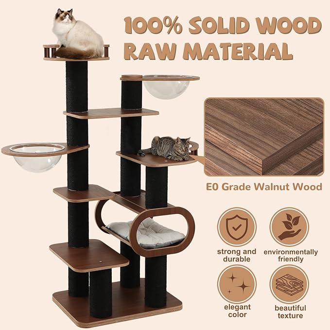 70.8'' Tall Luxury Cat Tree,All i,ne One Black Walnut Wood Modern Cat Tower for Indoor Large,Huge Multi-Level Cat Furniture with Scratching Posts,Condo,Cushion,Clear Bowl,Platform for Home Decoration-PawvioPets