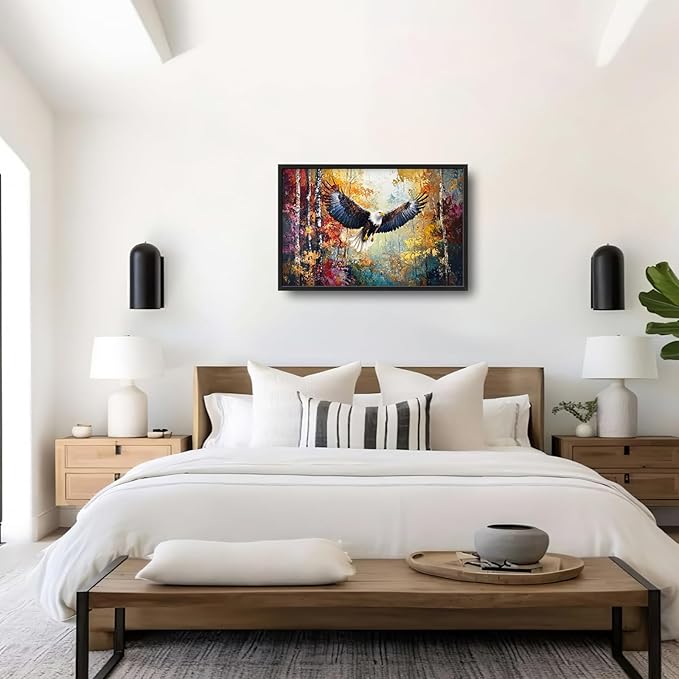 Extra Large Framed Bald Eagle Wall Art,Abstract Colorful Forest Wall Decor,Autumn Fall Forest Pictures for Living Room,Canvas Print Painting Modern Artwork Bedroom Office Home Decor 36L x 24W-PawvioPets