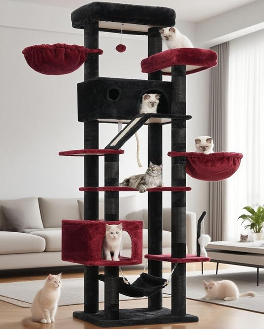 Gothic Cat Tree for Large Cats, 78.7"(200cm) Tall Cat Tower for Indoor Cats Multiple Cats with Large Top Perch, Cat Condo, Cat Hammcok, Cat Scratching Post, Black and Red GCT031BR-PawvioPets