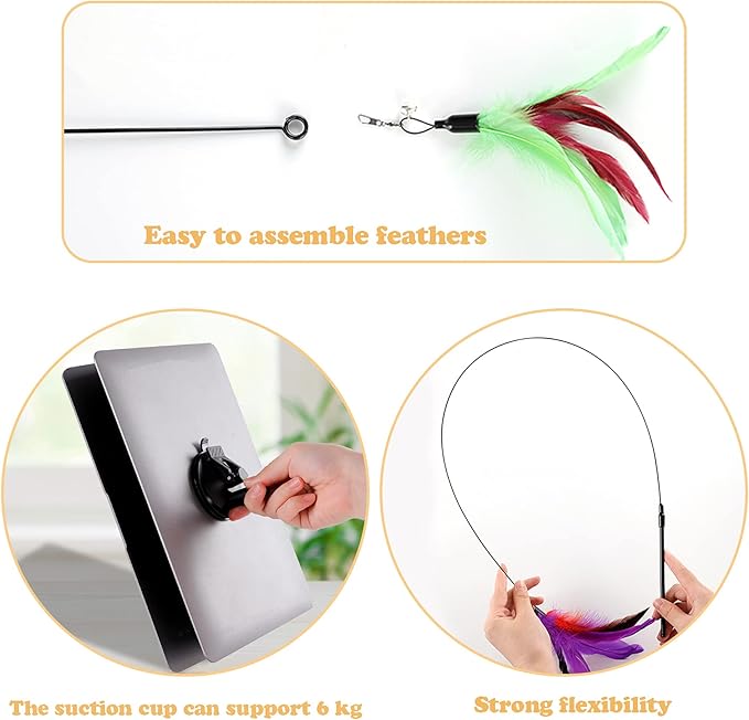Cat Feather Toys Interactive Cats - Dorakitten Cat Powerful Suction Cup Handheld Teaser Wand Toy and 5PCS Replacement Feather with Bell for Kitty Kitten Scratching Exercise Indoor-PawvioPets