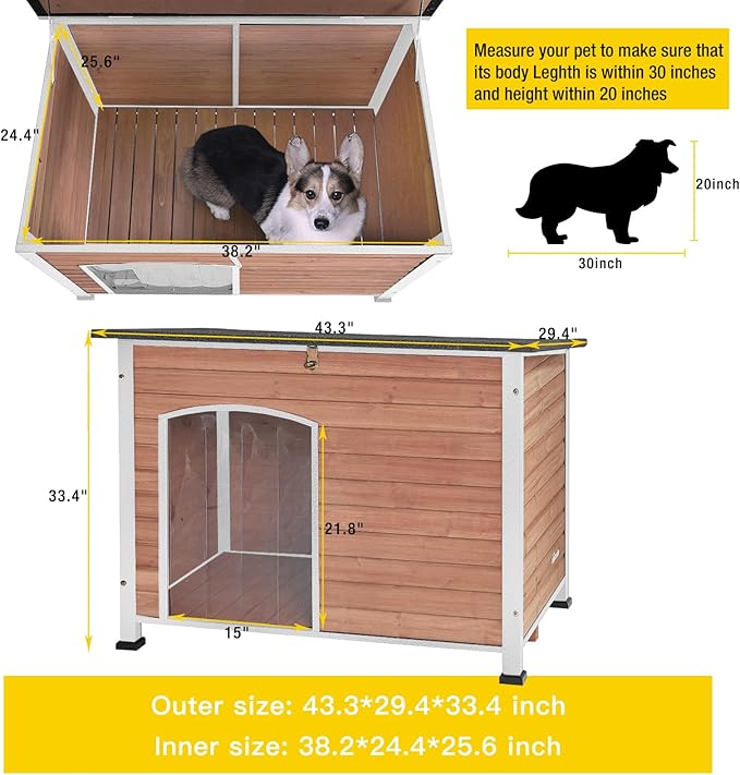 Dog House Outdoor & Indoor Wooden Dog Kennel for Winter with Raised Feet Weatherproof for Small & Medium & Large Dogs,Unique All-Around Iron Frame，Light Brown-PawvioPets