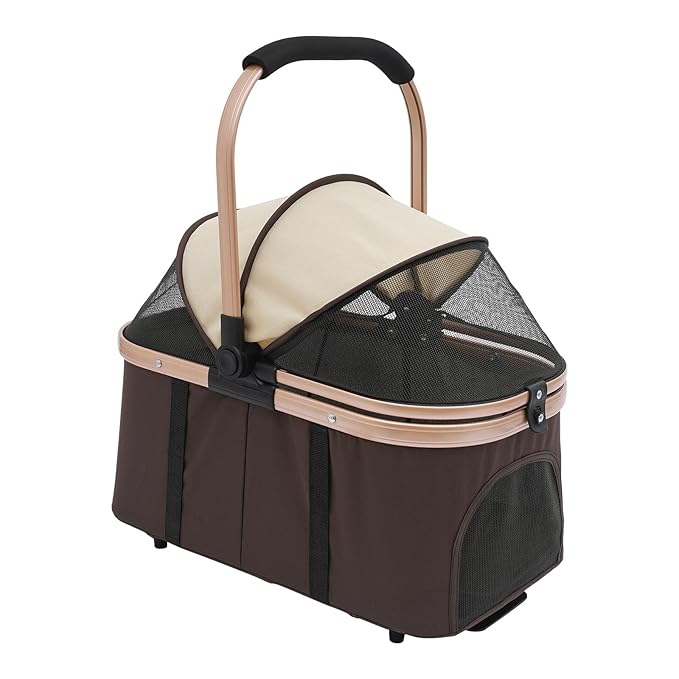 Double Pet Stroller for Dogs and Cats, Foldable Dog Stroller Travel Carriage with Detachable Carriers, Safety Belts, and 4 Lockable Wheels for Small to Medium Pets (Coffee Color)-PawvioPets