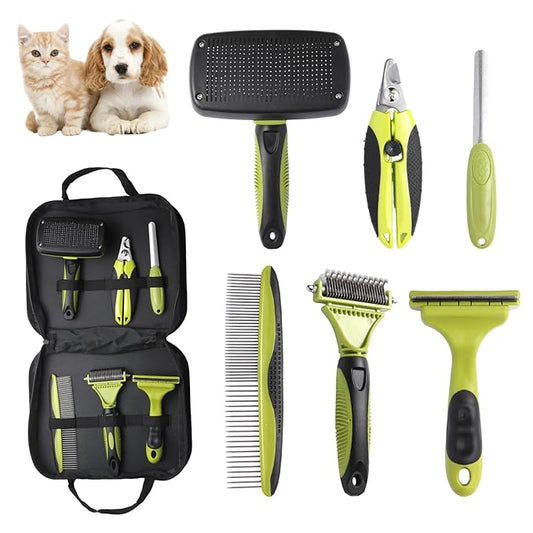 6 PCS Dog and Cat Grooming Kit, Versatile Tools Including Shedding Brush, Nail Clipper with Nail File, Slicker Brush, Dematting Comb-PawvioPets