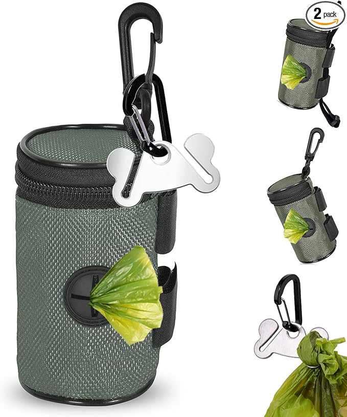 Dog Poop Bag Holder for Leash Attachment - Waste Bag Dispenser for Leash - Fits Any Dog Leash - Portable Set with Hand Free Holder Metal Carrier, Round Shape, Grey-PawvioPets