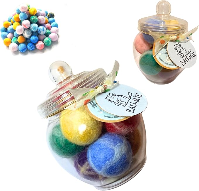 Felt Wool Cat Toys Ball with Catnip and Bell, Natural Handmade cat Toys Ferret Toys cat Gift Basket (Felt Wool Mixed in Jar)-PawvioPets